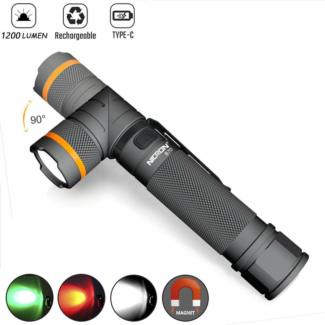 Nicron Tactical Flashlight 1200LM Magnetic Twist 90° Type-C Rechargeable