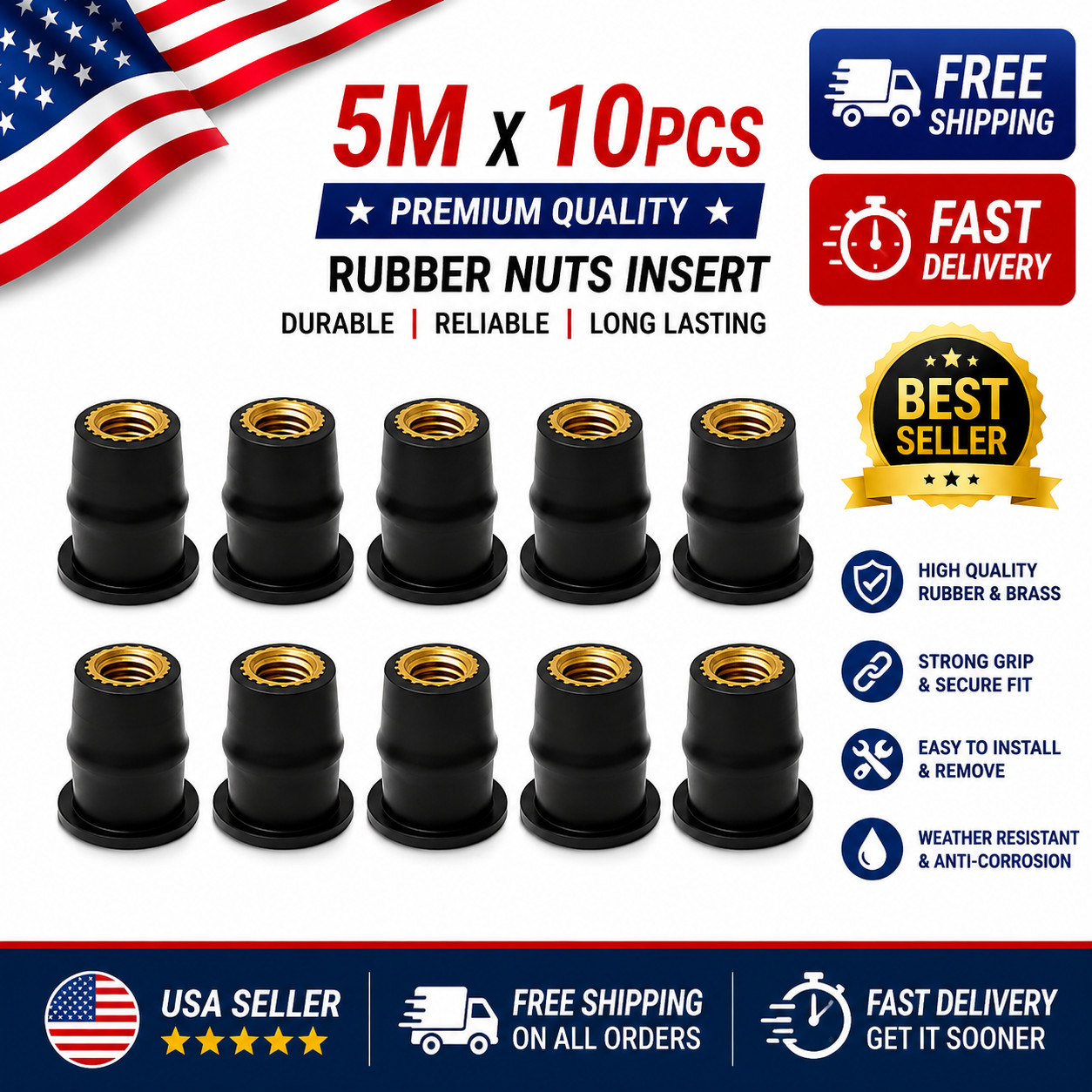 Motorcycle Metric Rubber Well Nuts Windscreen Screws Bolts Cowl M5 10 pcs
