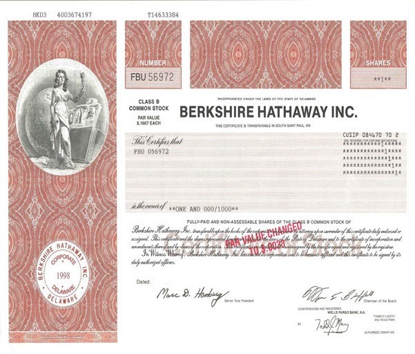 BERKSHIRE HATHAWAY INC. ORG stock certificate COPY of original document item #58