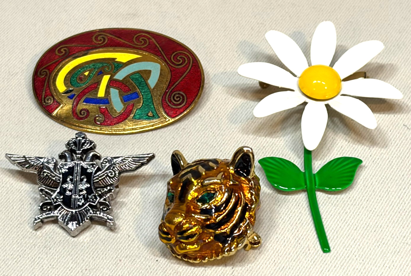 Vintage Costume Jewelry Lot Celtic Cloisonné Brooch Tiger Pin Mod Daisy Emblem
