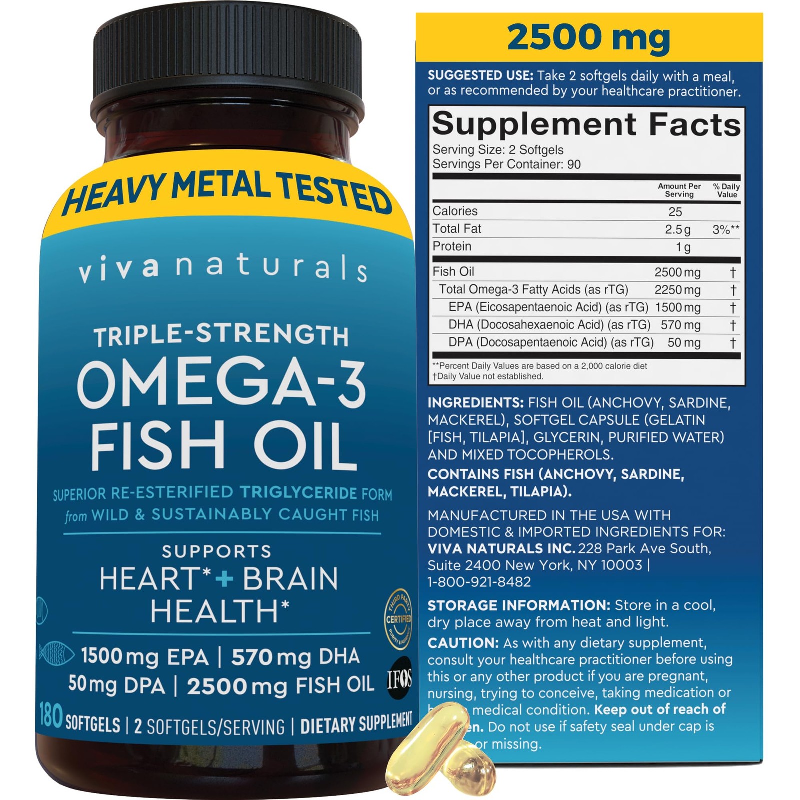 Viva Naturals Omega 3 Fish Oil Supplement for Women and Men - 2500 mg 180 Viva Naturals Omega 3 Fish Oil Supplement for Women and Men - 2500 mg 180