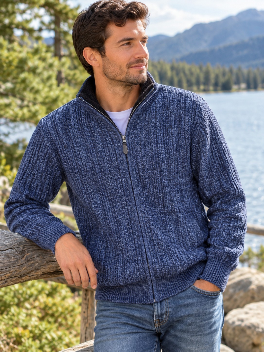 Lanesboro Full Zip Cable Knit Men\'s Sweater Blue Sherpa Lined Mock Neck Size S Lanesboro Full Zip Cable Knit Men\'s Sweater Blue Sherpa Lined Mock Neck Size S