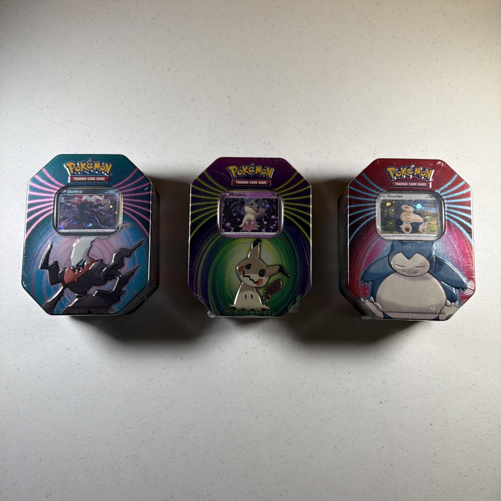 Pokemon TCG: 2021 Mighty Mysterious Tin Set of 3x Snorlax, Mimikyu, Darkrai New