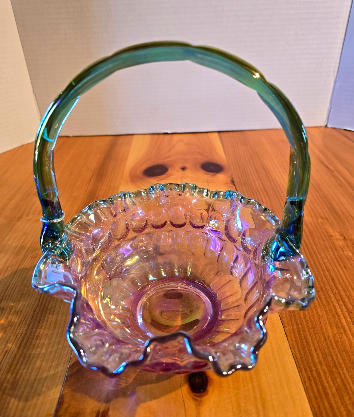 Rare Fenton Rose Magnolia Iridescent Thumbprint Basket