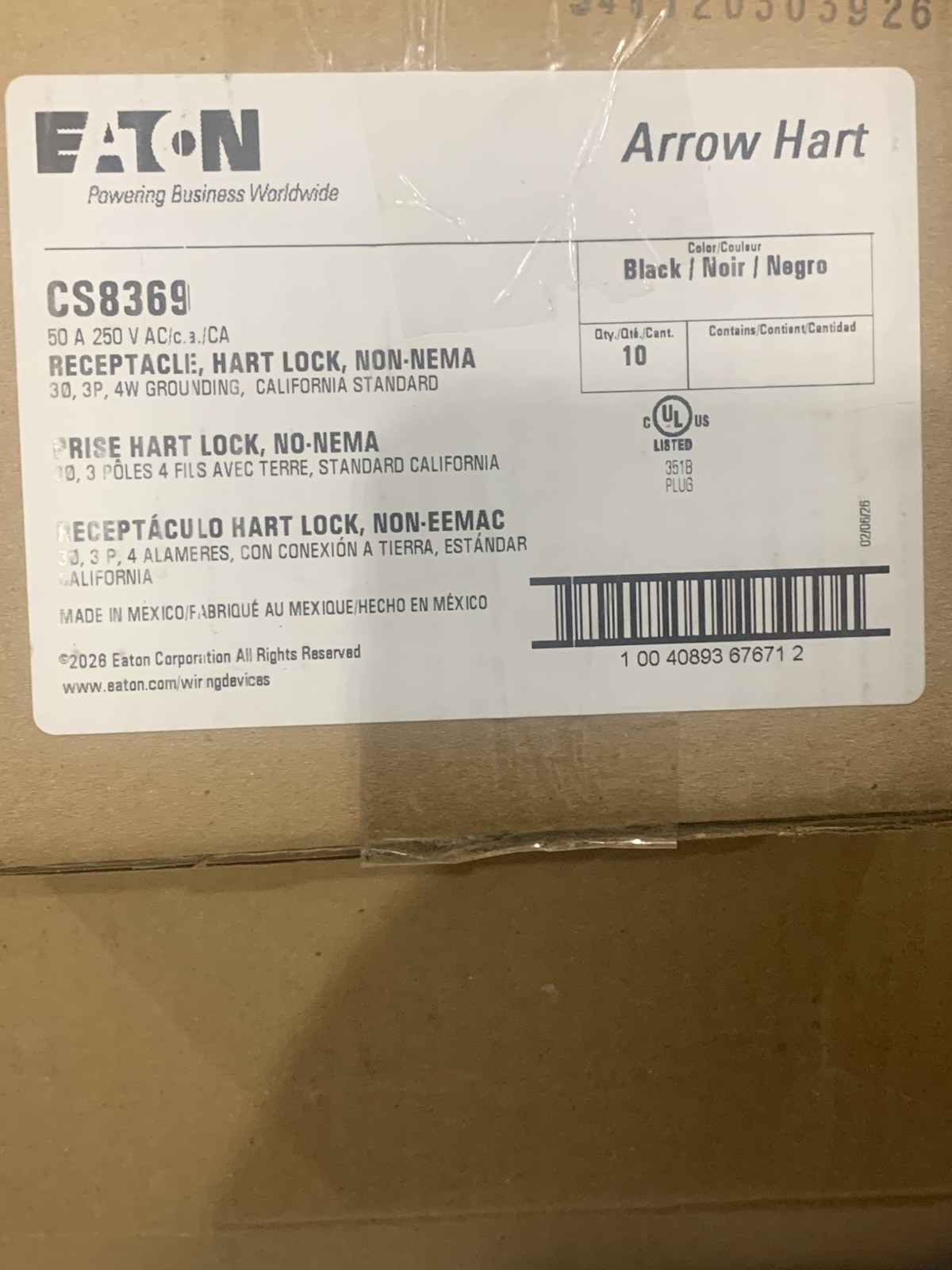 Lot of 10 Eaton Arrow-Hart CS8369 50a 250v 3PH 3P4W RECEPTACLE New In Box