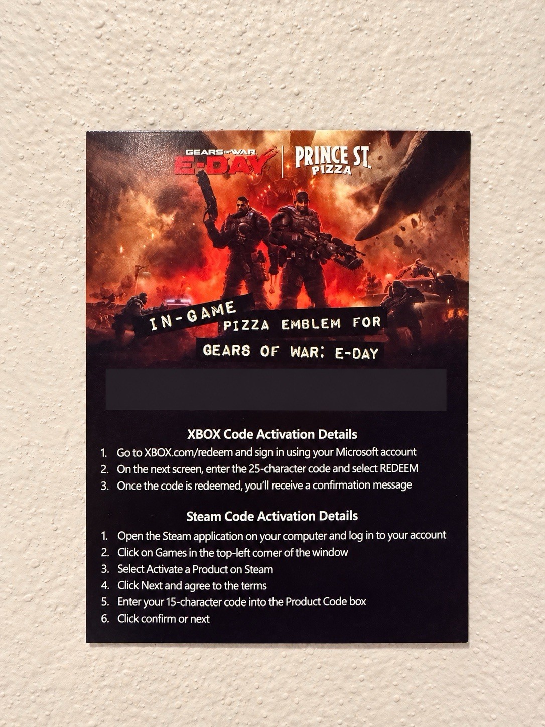 Gears Of War E Day Code Card / Prince Street Pizza - In Game Emblem Gears Of War E Day Code Card / Prince Street Pizza - In Game Emblem