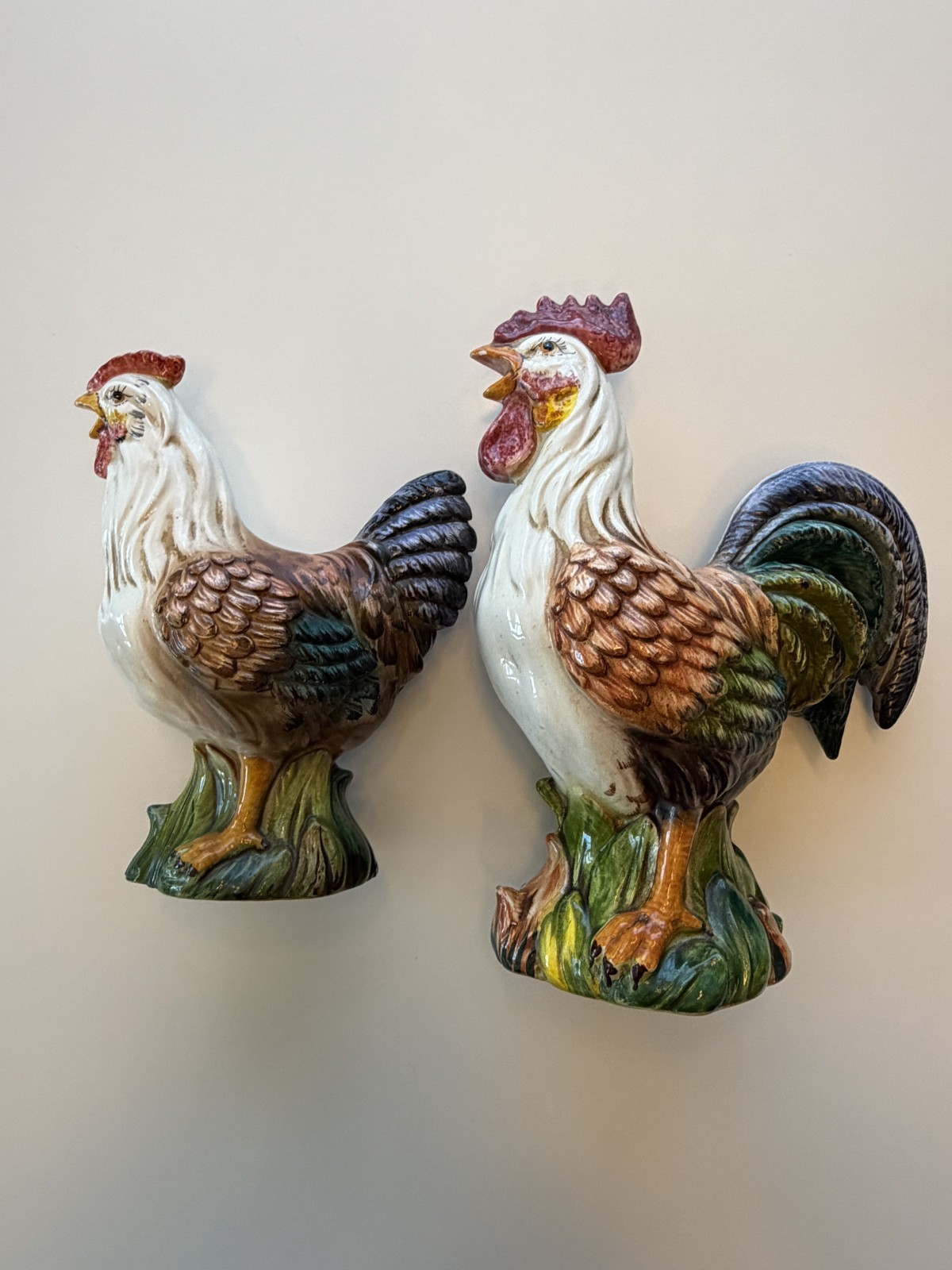 Vintage Italian Ceramic Hand Painted Rooster & Hen Sculpture
