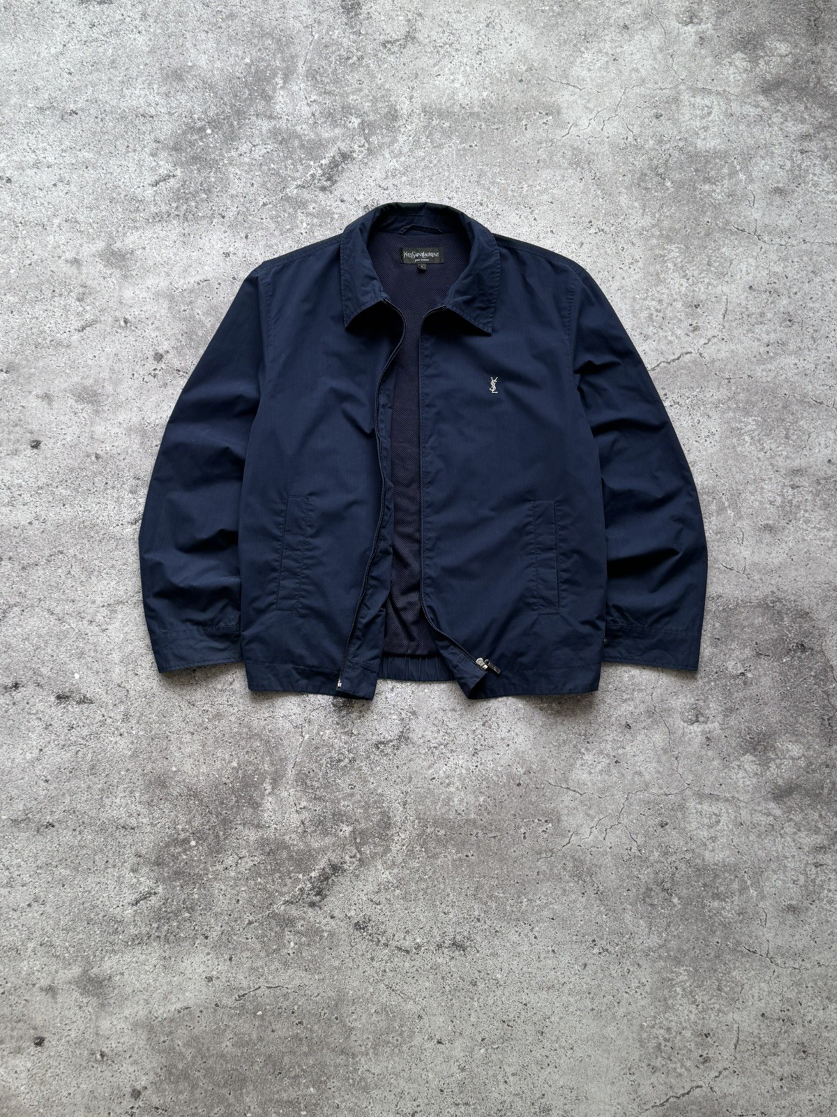 Vintage Yves Saint Laurent Navy Harrington Jacket Bomber Mini YSL Logo Mens L