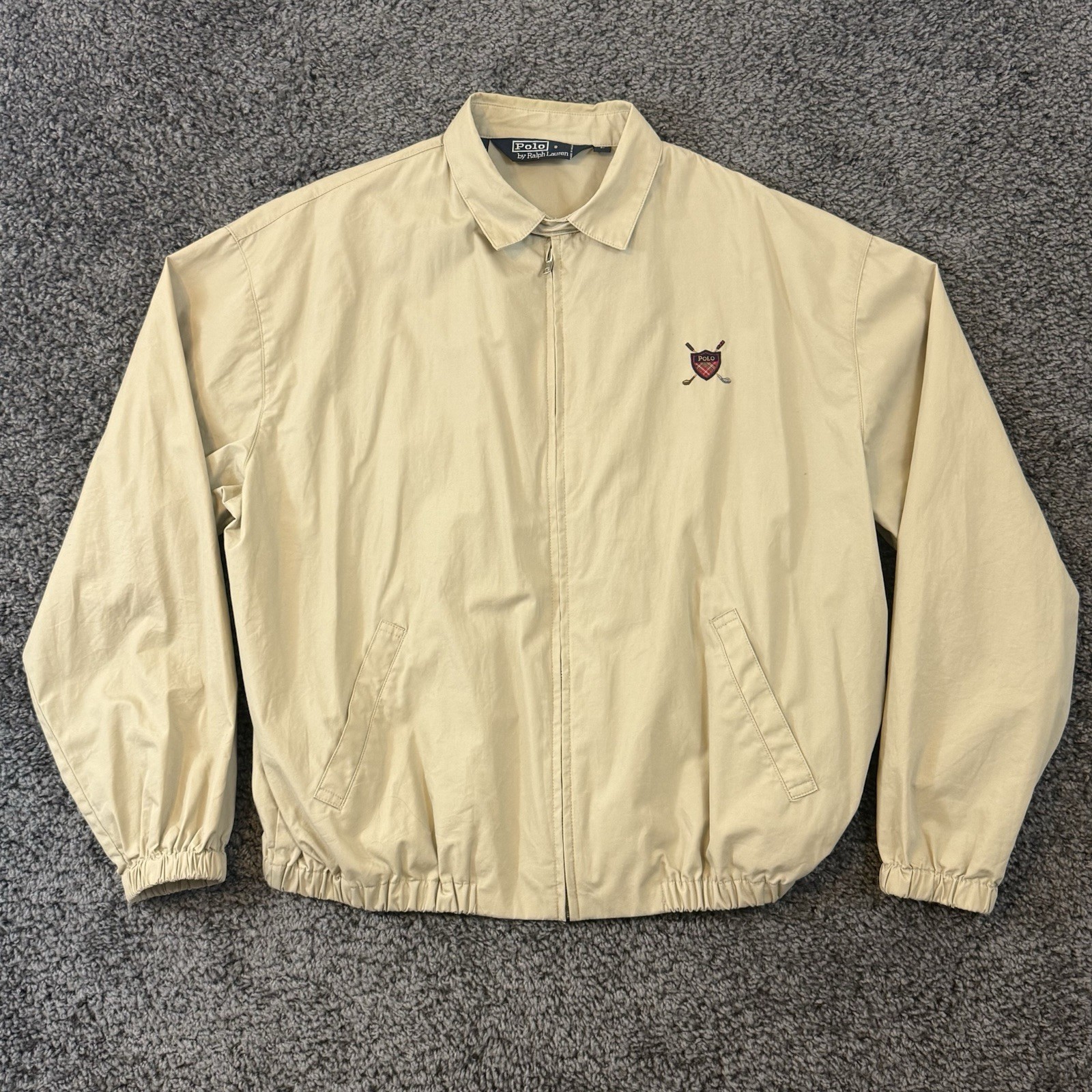 Vintage Polo Ralph Lauren Golf Jacket Embroidered Crest Size Large 90s Beige
