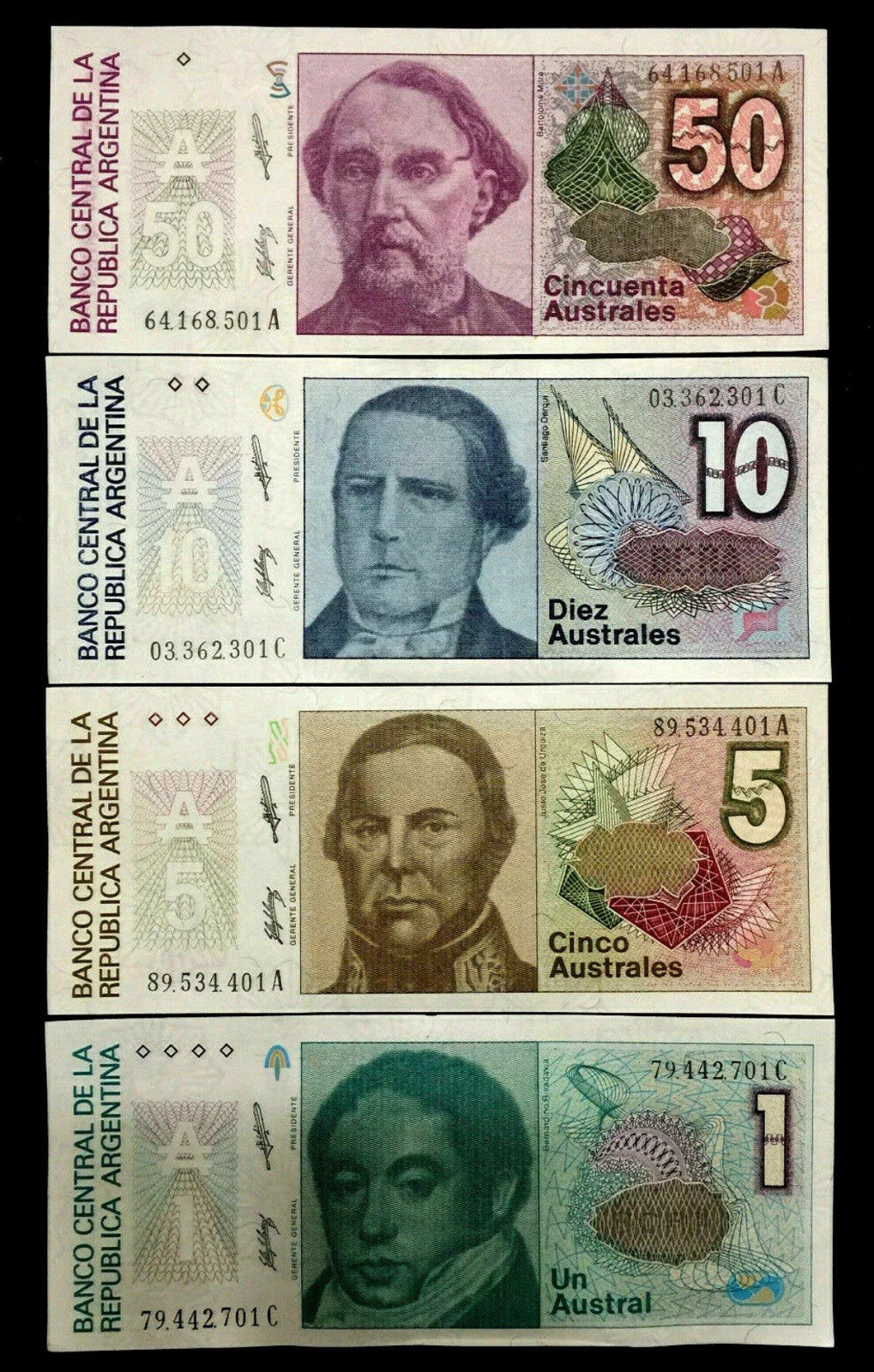 Argentina 50,10,5,1 Austral 1986 Banknote World Paper Money UNC Currency Bill Argentina 50,10,5,1 Austral 1986 Banknote World Paper Money UNC Currency Bill