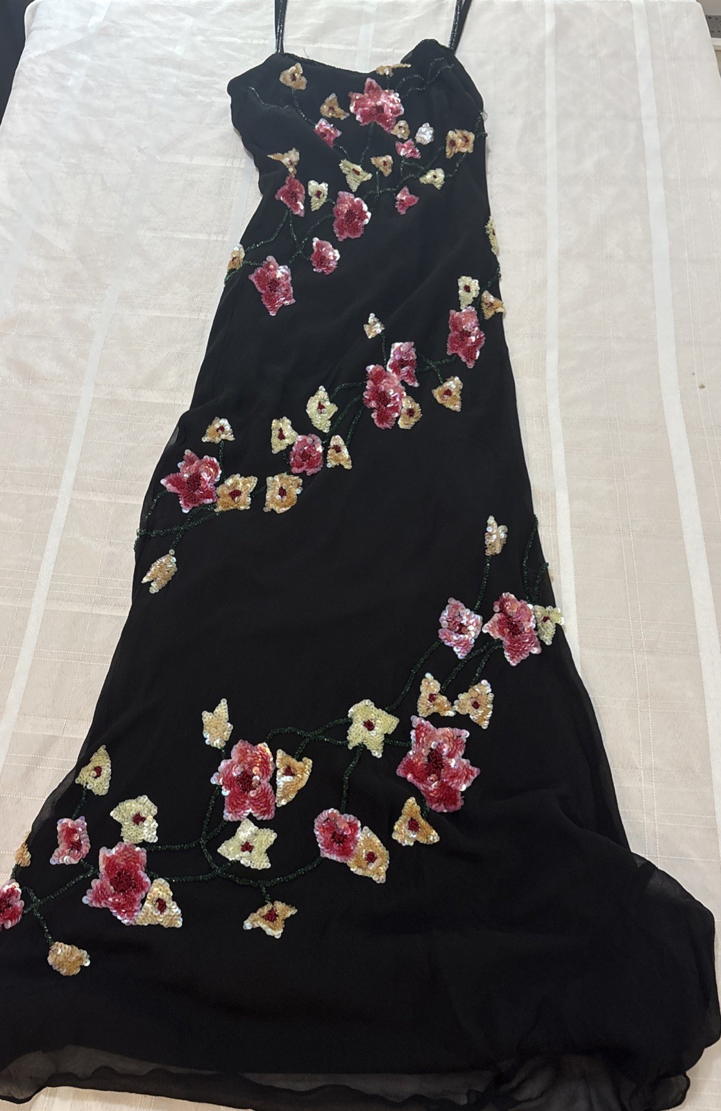 Y2K Cache Vintage Dress Sequin Beaded Long Maxi Black Sheer Pink Floral Fairy S Y2K Cache Vintage Dress Sequin Beaded Long Maxi Black Sheer Pink Floral Fairy S