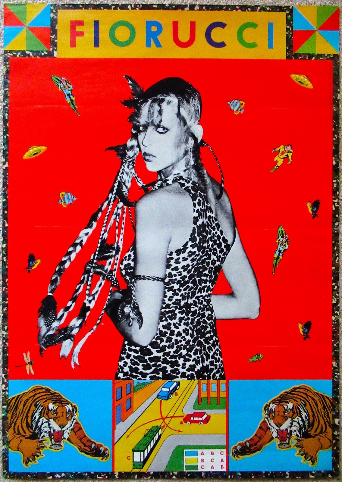 Vintage 1980s Fiorucci Fashion Poster Postmodern Tigers & Model Lithograph Milan
