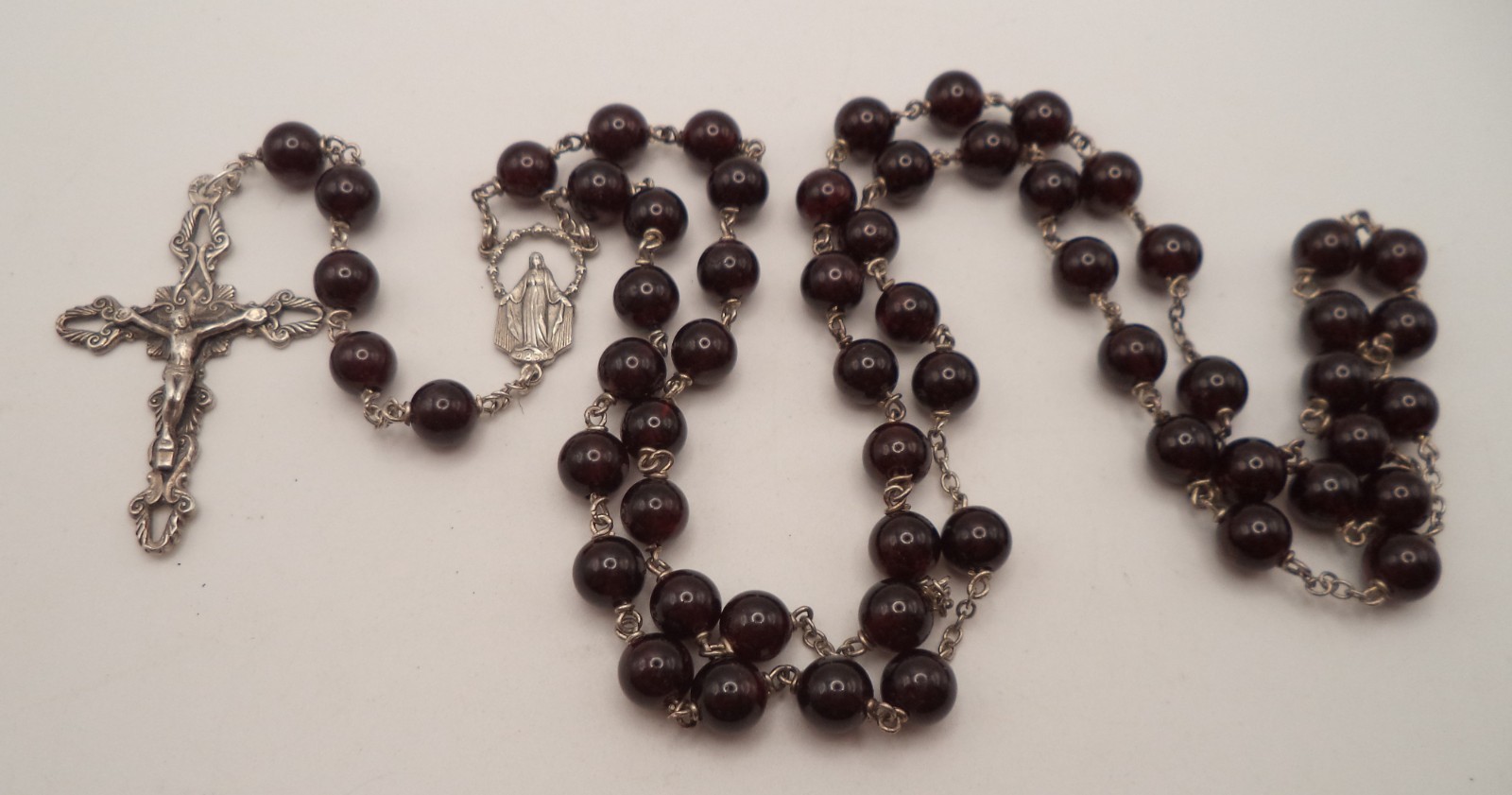 Vintage Italian Sterling Silver & Genuine Garnet Rosary Miraculous Medal 39.4g