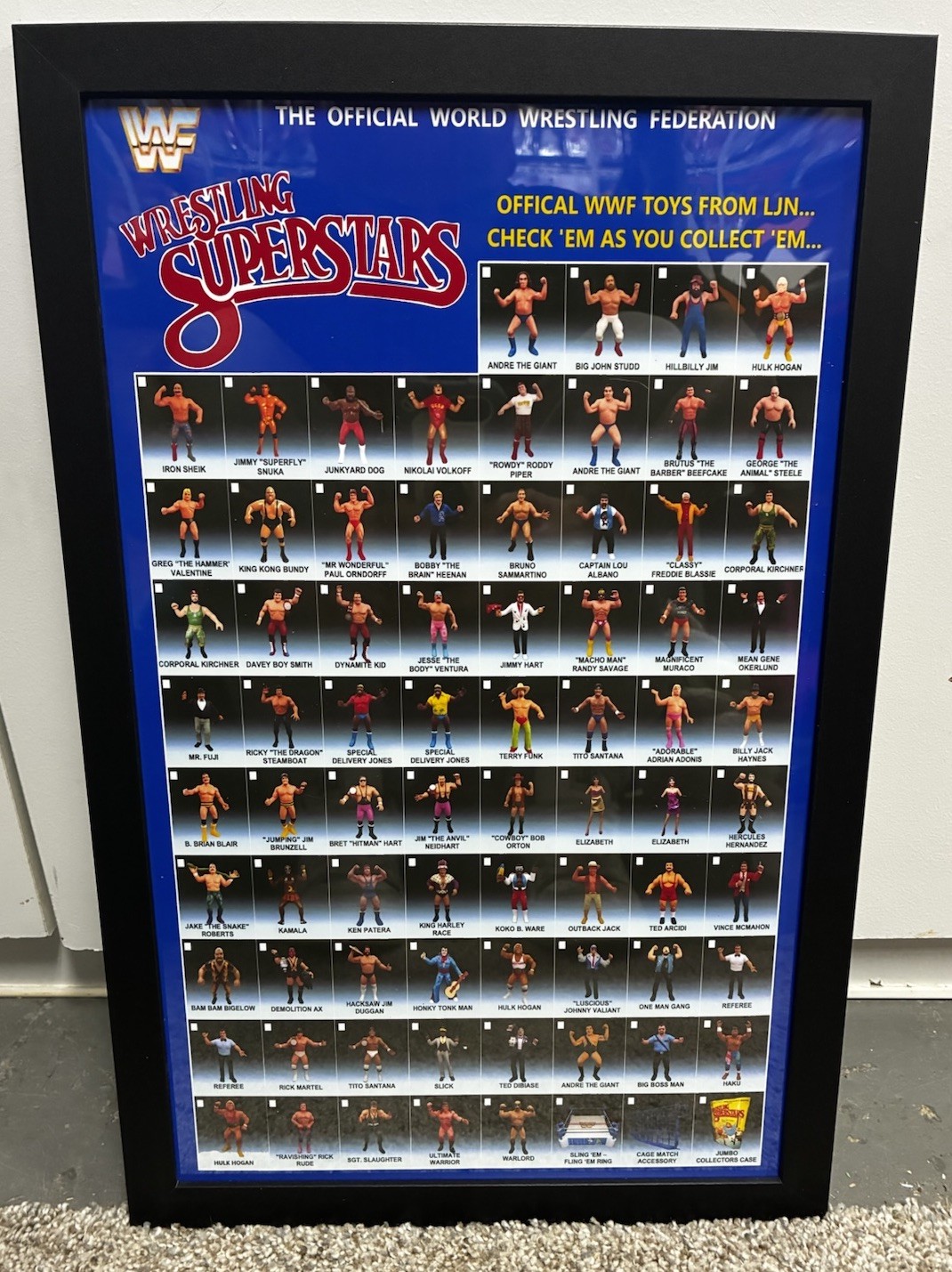 WWF Custom Made LJN Framed Check List Poster.. 11x17 Black Plexi Frame.. WWE