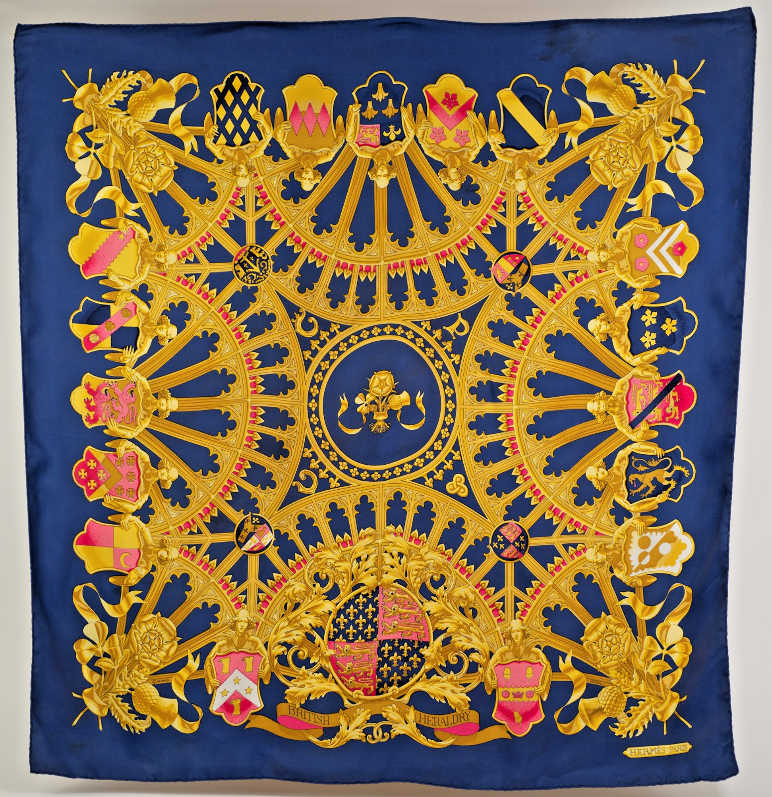 HERMÈS SILK SCARF - BRITISH HERALDRY Navy Blue Gold Carré 90 (Flawed) by RYBAL