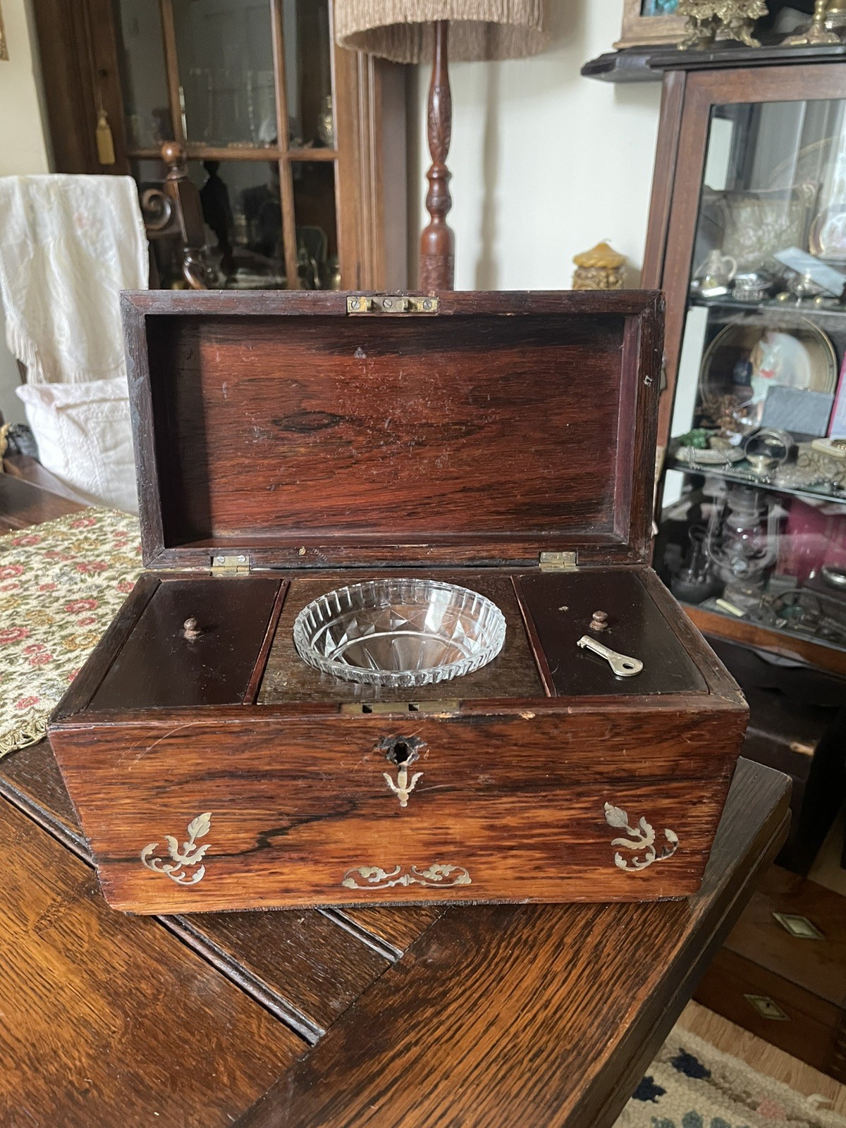 c.1870 Georgian Wood Tea Caddy , inlaid mother of pearl 