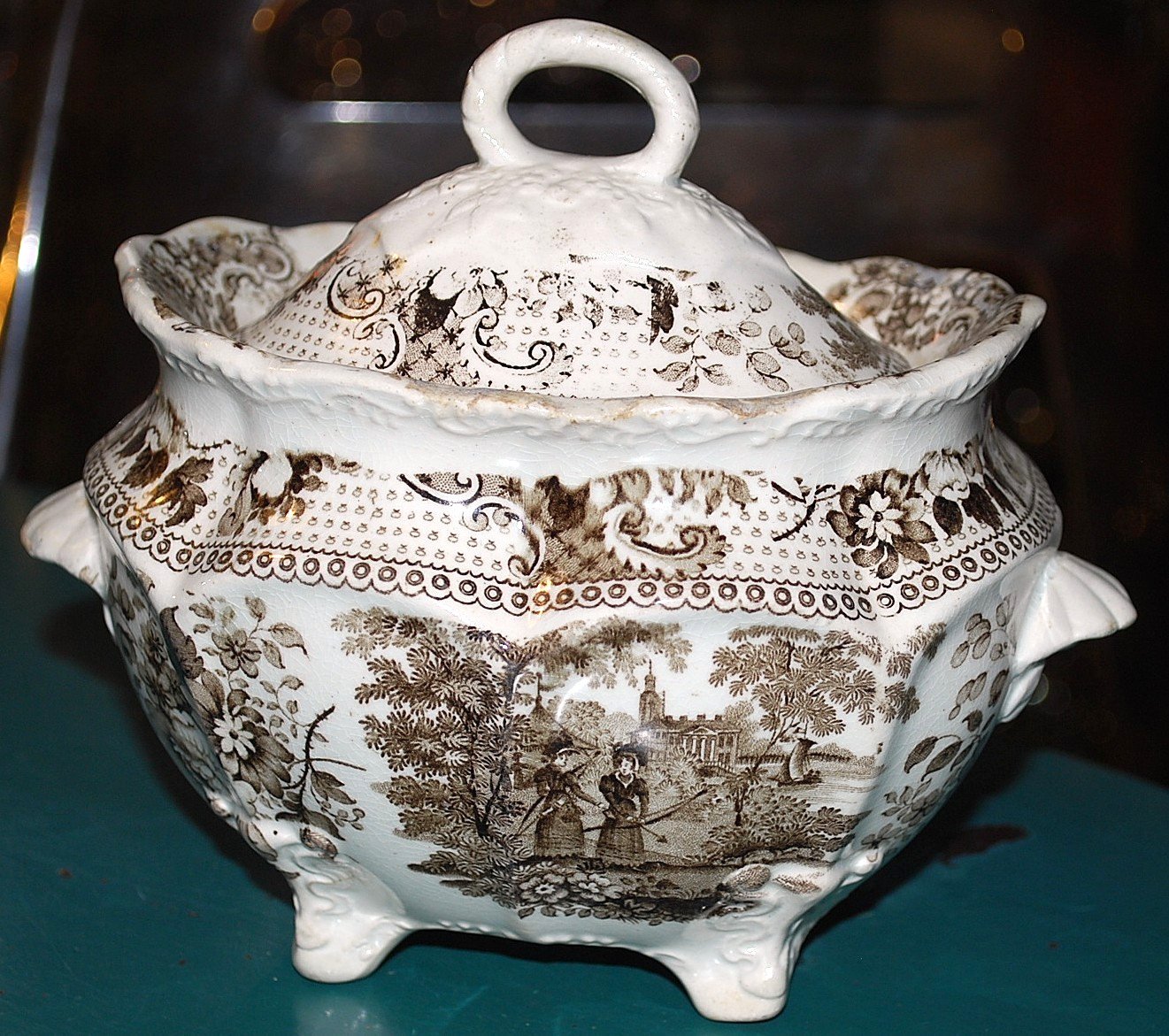 Antique OVAL TUREEN 1830s Archery BROWN TRANSFERWARE w Women Archers Bow/Arrows