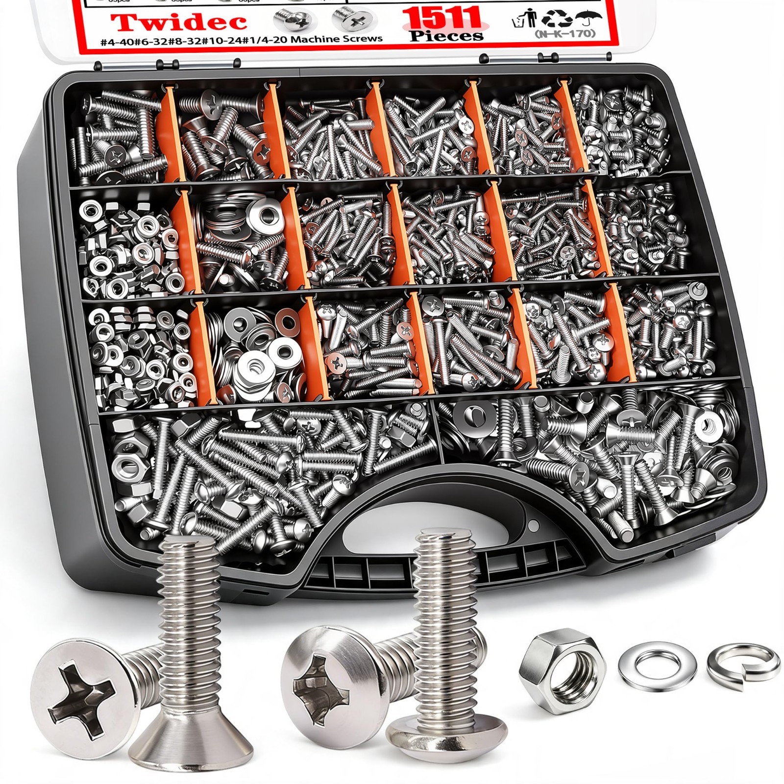 pc 304 Stainless Steel Machine Screws Nuts Bolts Washers Assortment Kit Case