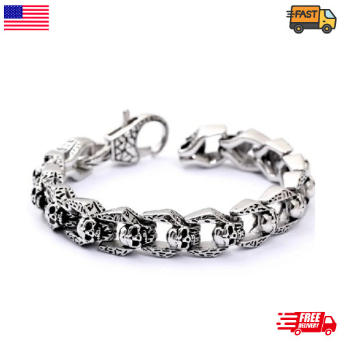 Men\'s Vintage Silver Skull Chain Stainless Steel Bracelet Heavy Punk Gothic Men\'s Vintage Silver Skull Chain Stainless Steel Bracelet Heavy Punk Gothic