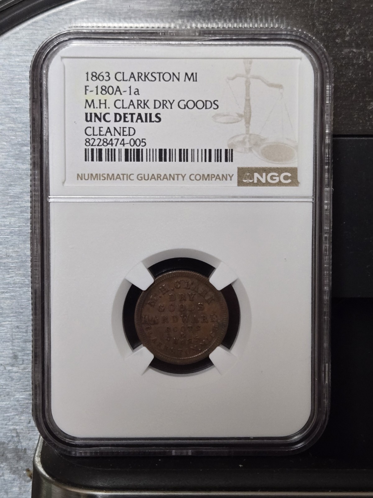 1863 M.H. Clark Dry Goods Hardware F-180A-1A Civil War Token, Clarkston, Mi *R6* 1863 M.H. Clark Dry Goods Hardware F-180A-1A Civil War Token, Clarkston, Mi *R6*