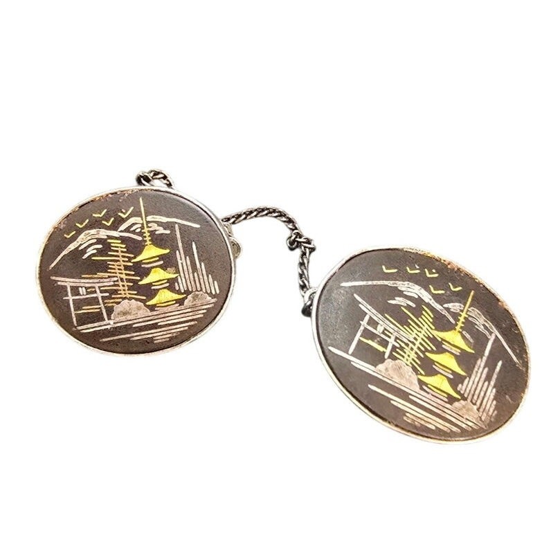 Vintage AMITA Japan Sterling Silver Damascene Sweater Guard Clip
