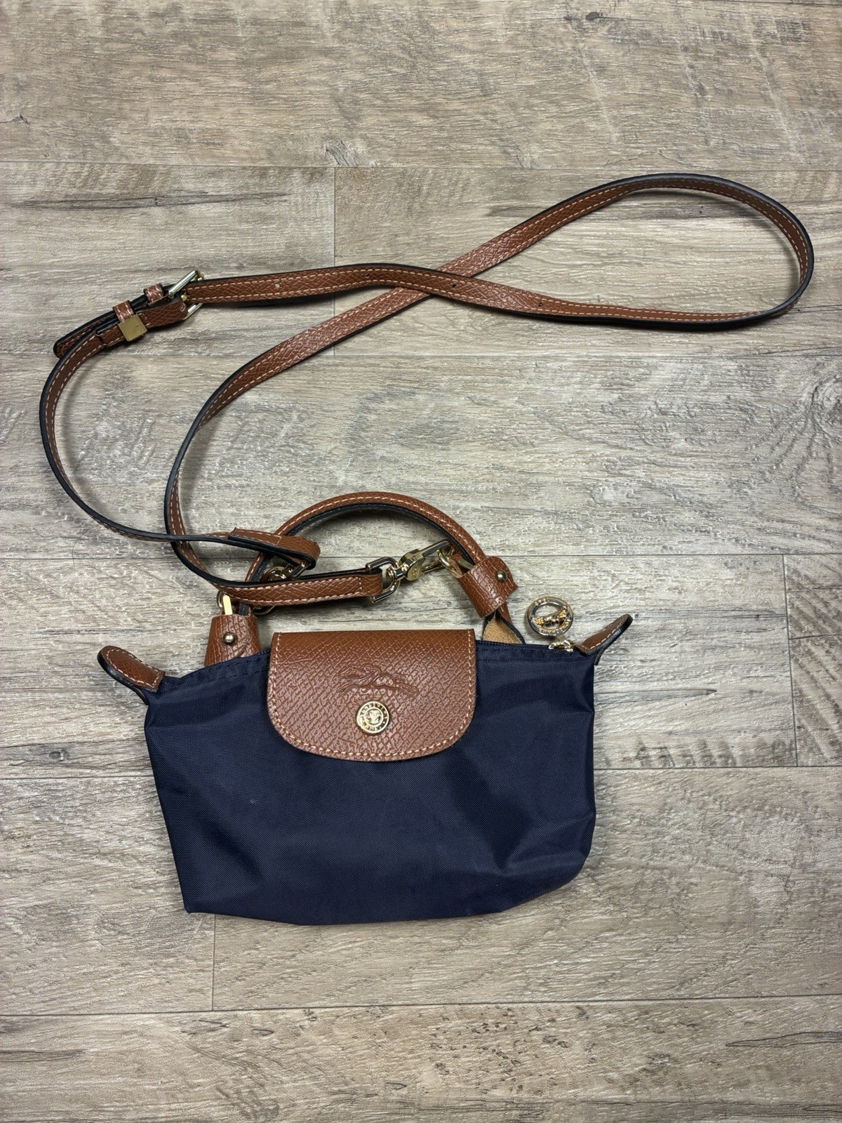 Longchamp Le Pliage Mini Crossbody Tote Bag Purse Navy Blue Brown Pouch