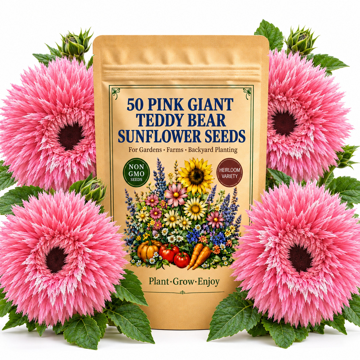 50 Pink Giant Teddy Bear Sunflower Seeds - Annual Pollinator Garden Flowers