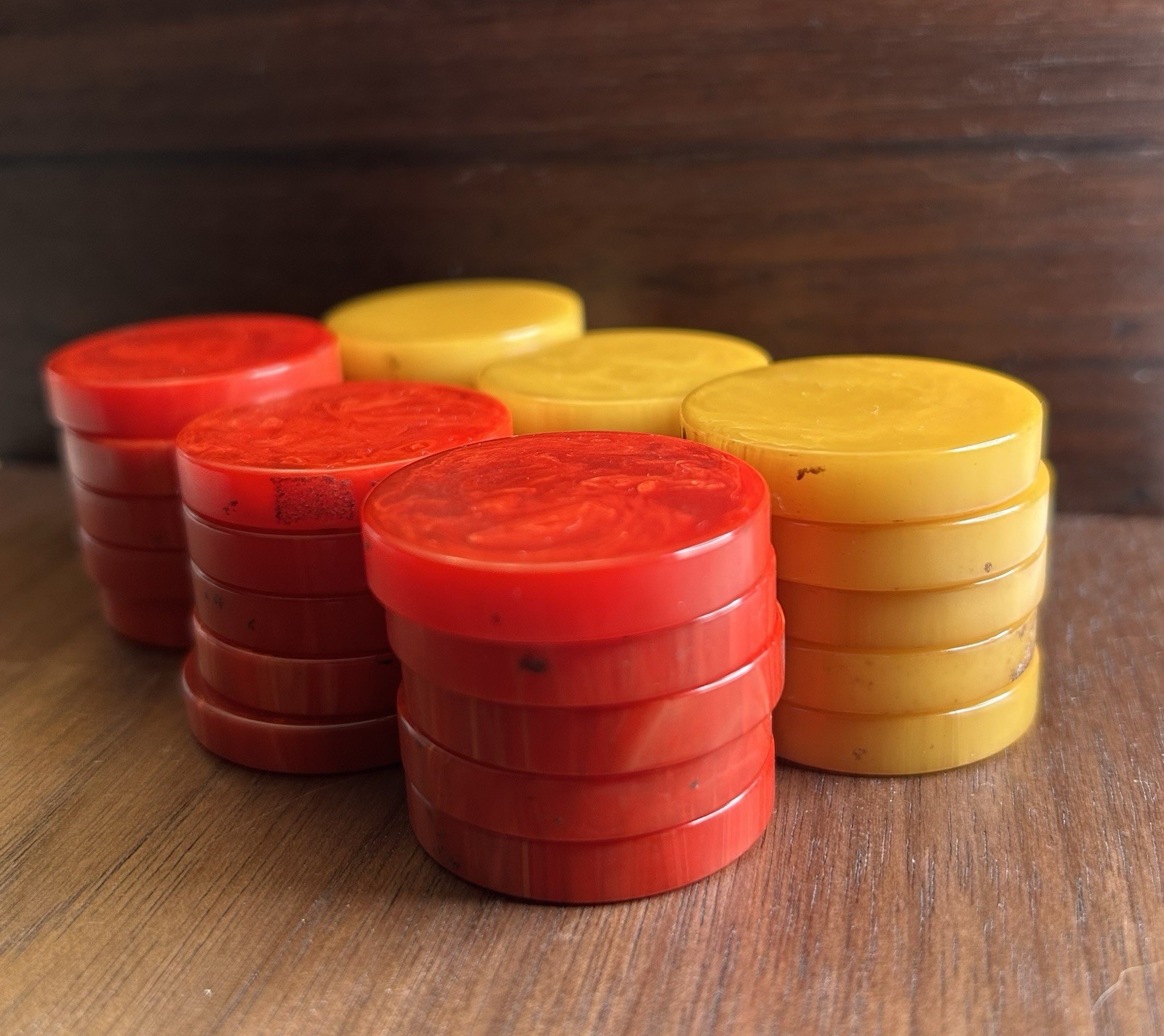 Vintage Bakelite Catalin 30 Butterscotch & Red Checkers 1-1/4” X 1/4” Thick