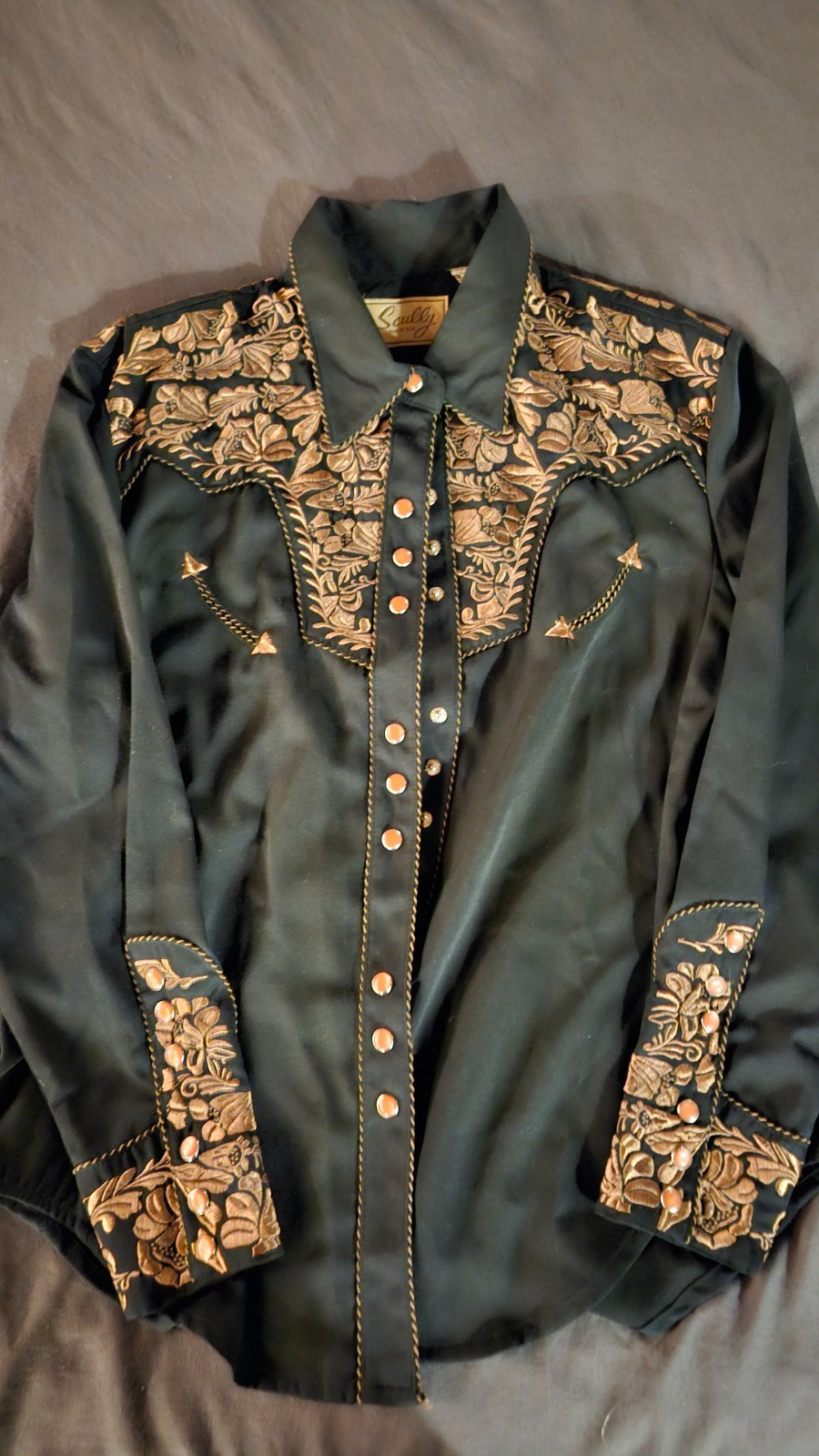 Scully Vintage Black Western Snap Shirt Bronze Floral Emboidered Womens L