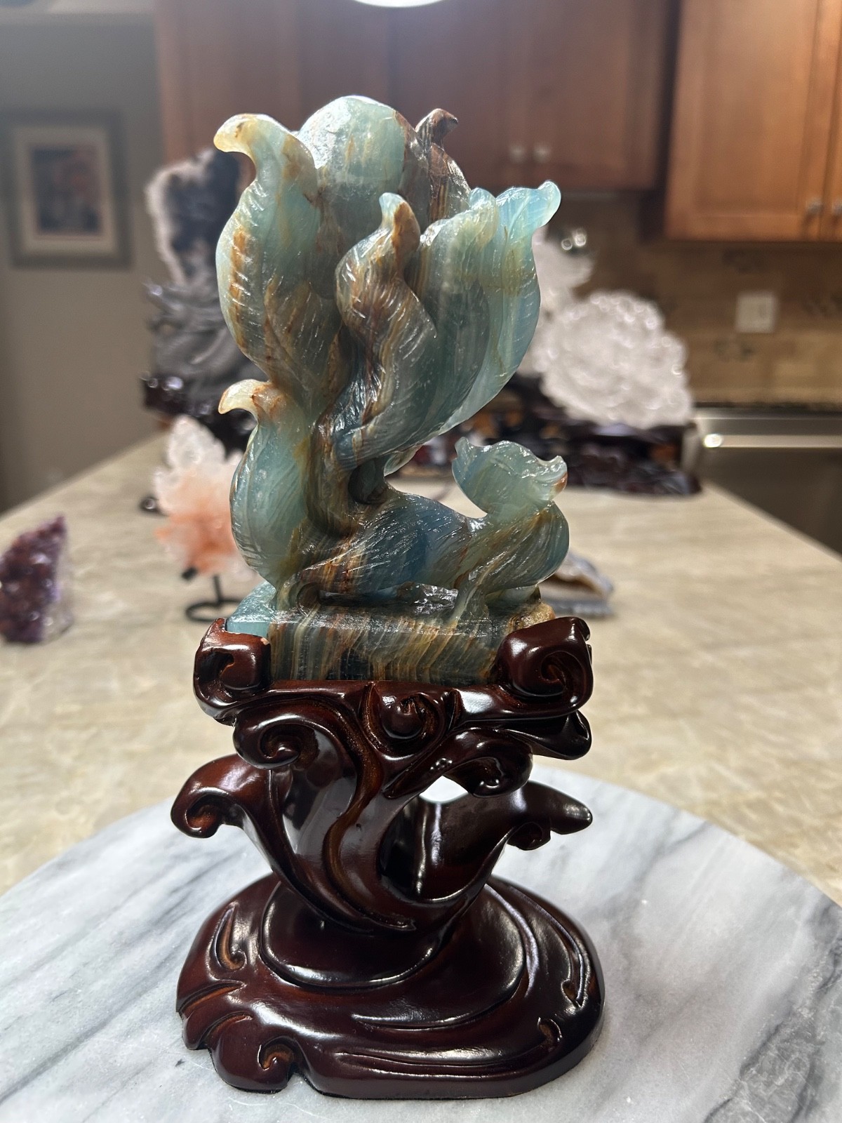 Blue Onyx nine 9 tail Fox carving with custom wood stand Blue Onyx nine 9 tail Fox carving with custom wood stand