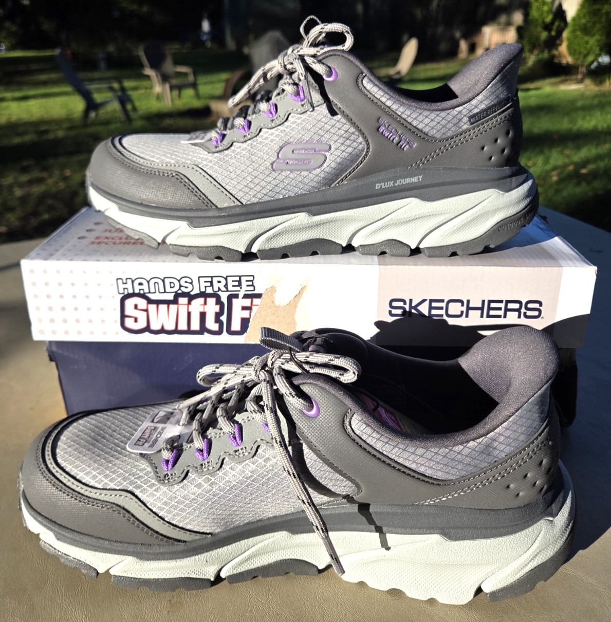 NEW Skechers Swift Fit Hiker Sneaker Women\'s 8.5 Gray Charcoal Purple Hands Free