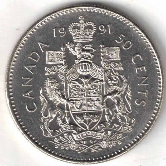 1991 Canadian Uncirculated QEII & Canada Crest Fifty Cent coin 1991 Canadian Uncirculated QEII & Canada Crest Fifty Cent coin