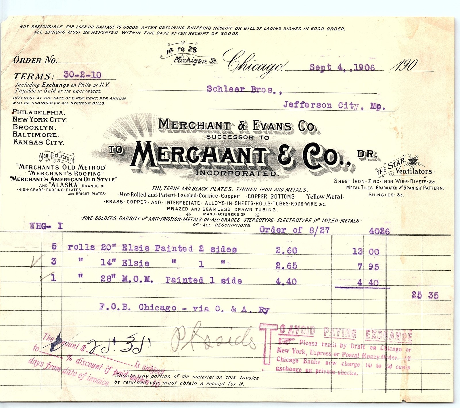 1906 Chicago Merchant & Co. metal/roofing invoice, PAID 1906 Chicago Merchant & Co. metal/roofing invoice, PAID
