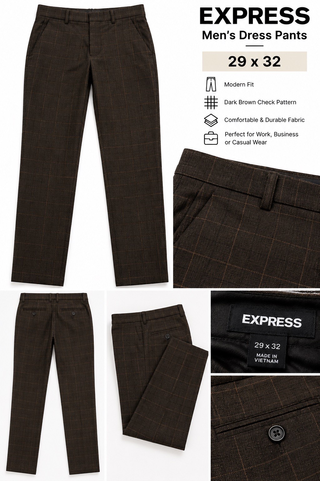 Men\'s Express Brown Plaid Dress Pants | Tailored Casual Trousers ExtraSlim 29x32 Men\'s Express Brown Plaid Dress Pants | Tailored Casual Trousers ExtraSlim 29x32