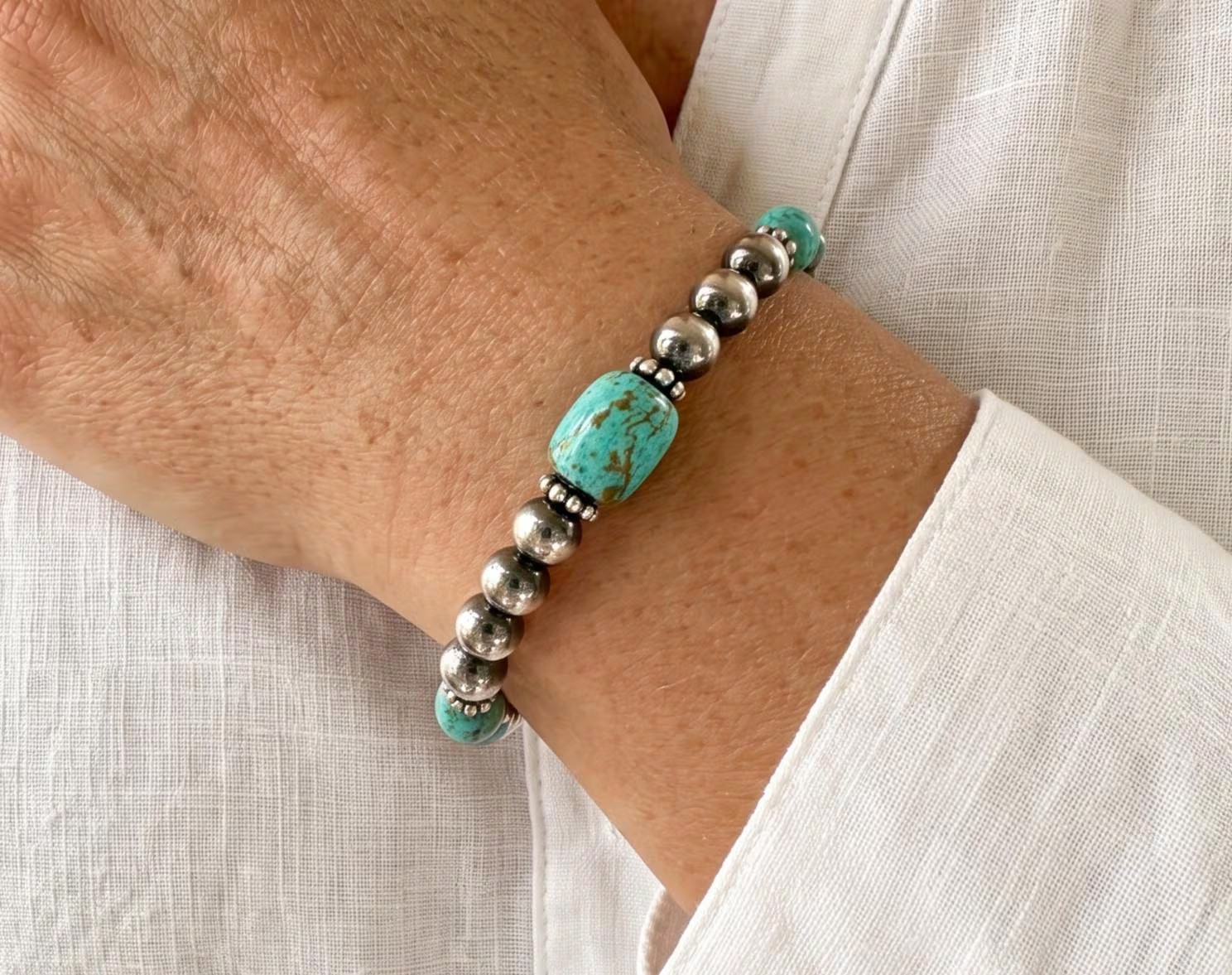 Turquoise Sterling Silver Bracelet, Southwestern Gemstone Jewelry, Navajo Pearl