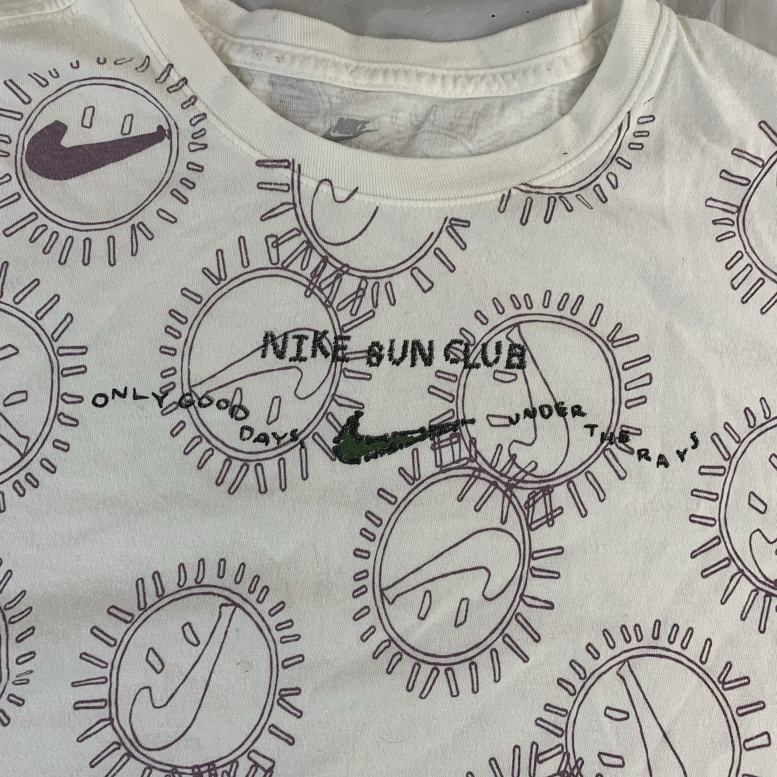 Nike Sun Club All Over Print White T-Shirt Men’s Size L Double-Sided Nike Sun Club All Over Print White T-Shirt Men’s Size L Double-Sided