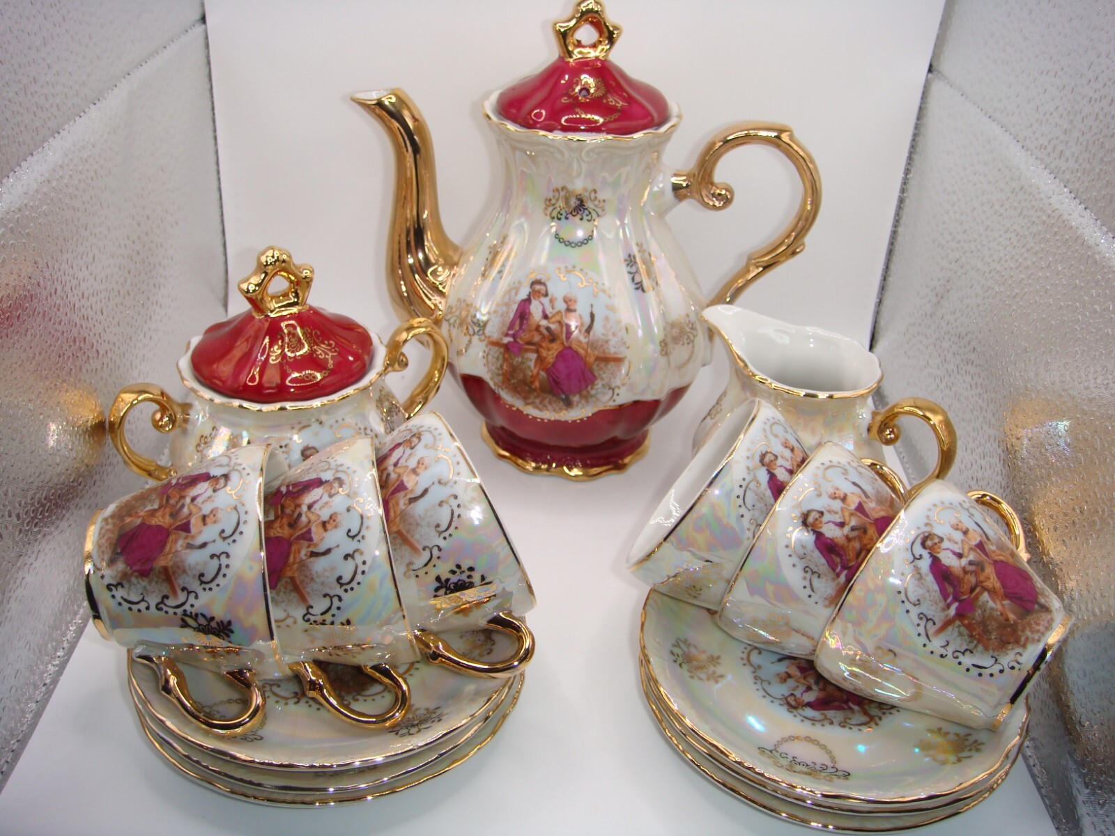 VINTAGE EMPRESS BY HARUTA JAPAN DEMITASSE COFFEE SET COURTING COUPLE BURGUNDY