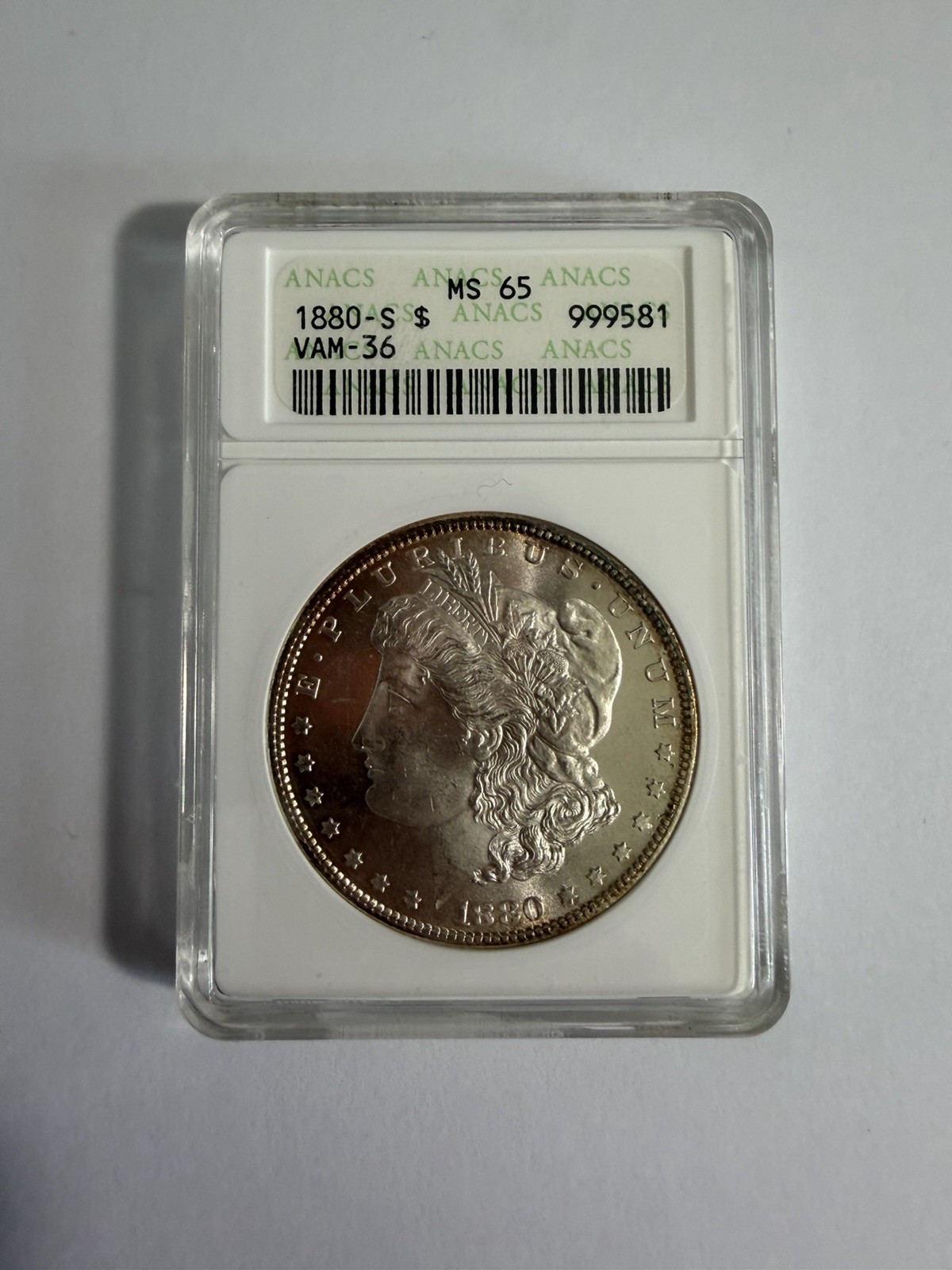 1880-S Morgan Dollar ANACS MS65 VAM-36 Old Soapbox Holder Toned