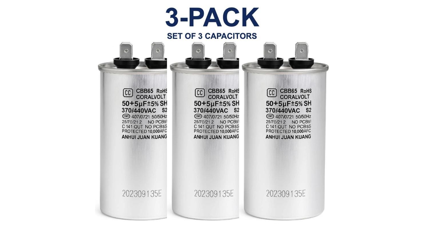 CORALVOLT 50+5MFD Dual Run HVAC Capacitor— for Carrier, Trane, Goodman (3 Pack)