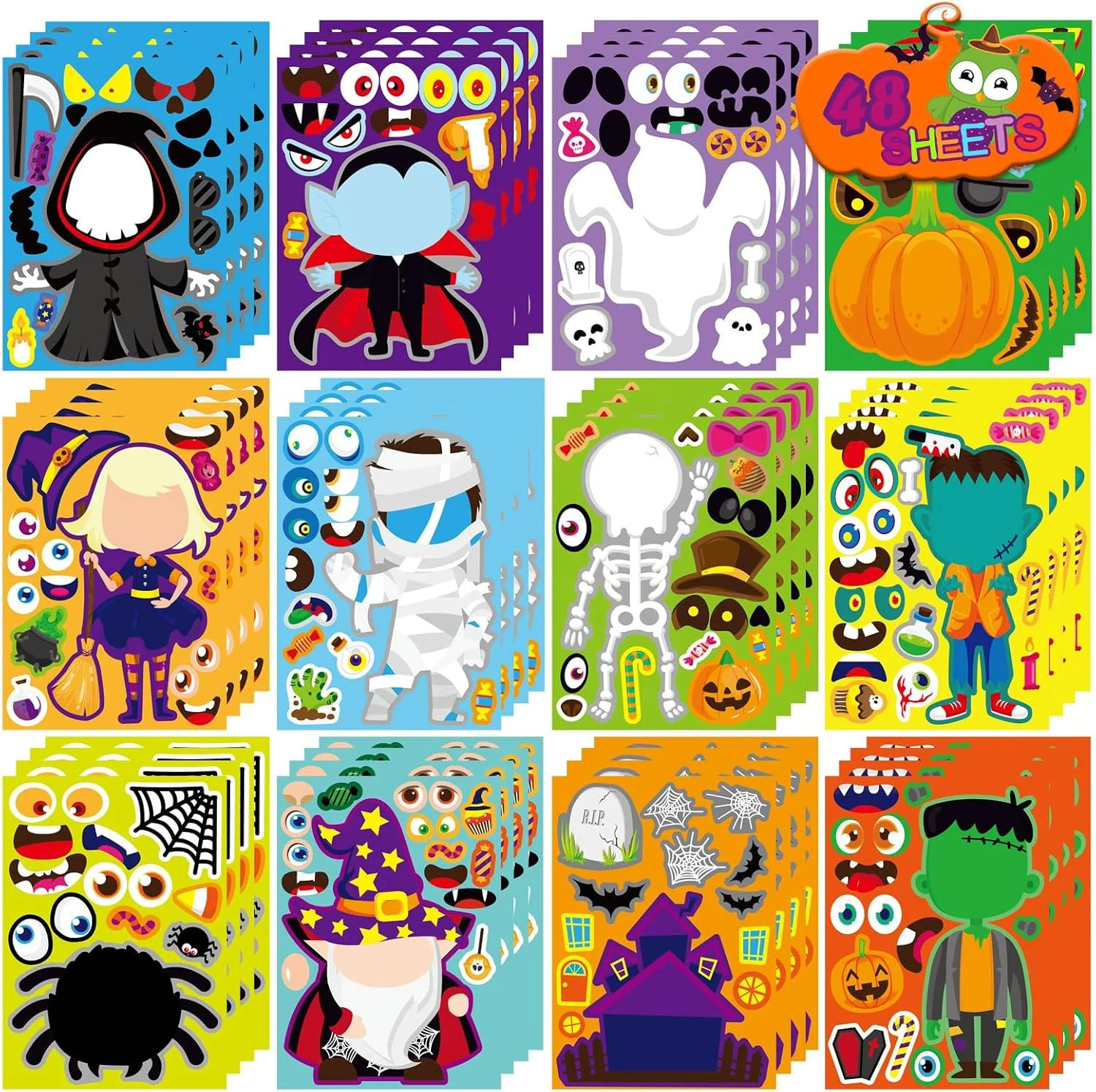 48PCS Halloween Make-a-face Stickers Halloween Characters Stickers for Kids | Ma