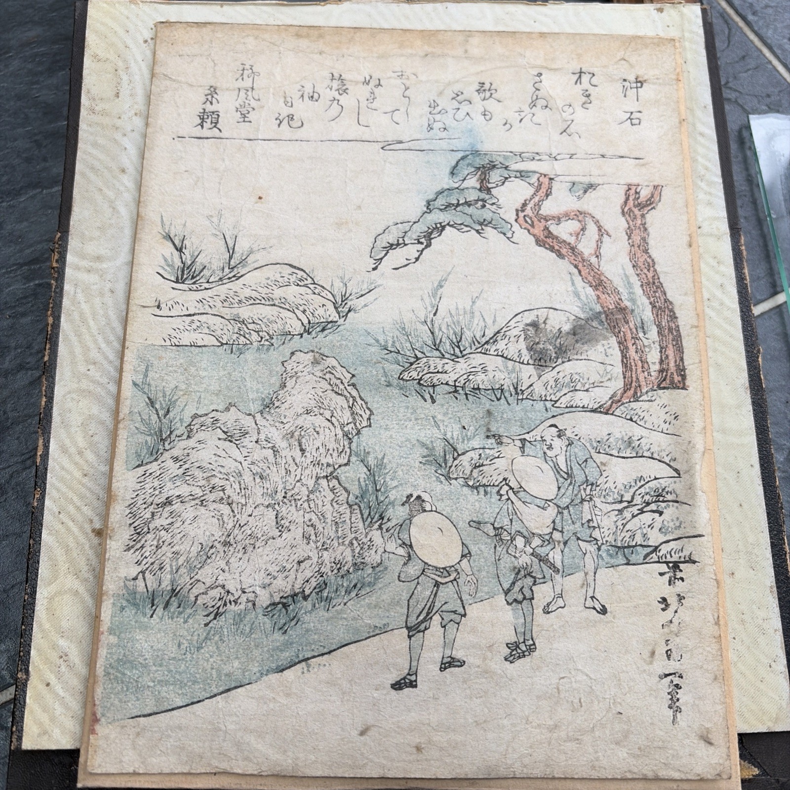 Antique Old Japanese Colour Woodblock Print 沖石 Okiishi 奥州仙台名所尽集 Japan Framed