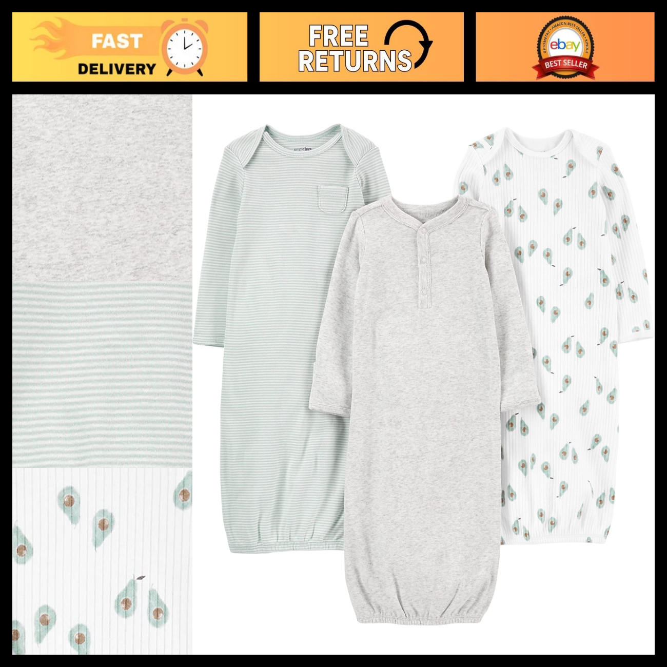 Simple Joys by Carter's Baby 3-pack Neutral Cotton Sleeper Gown