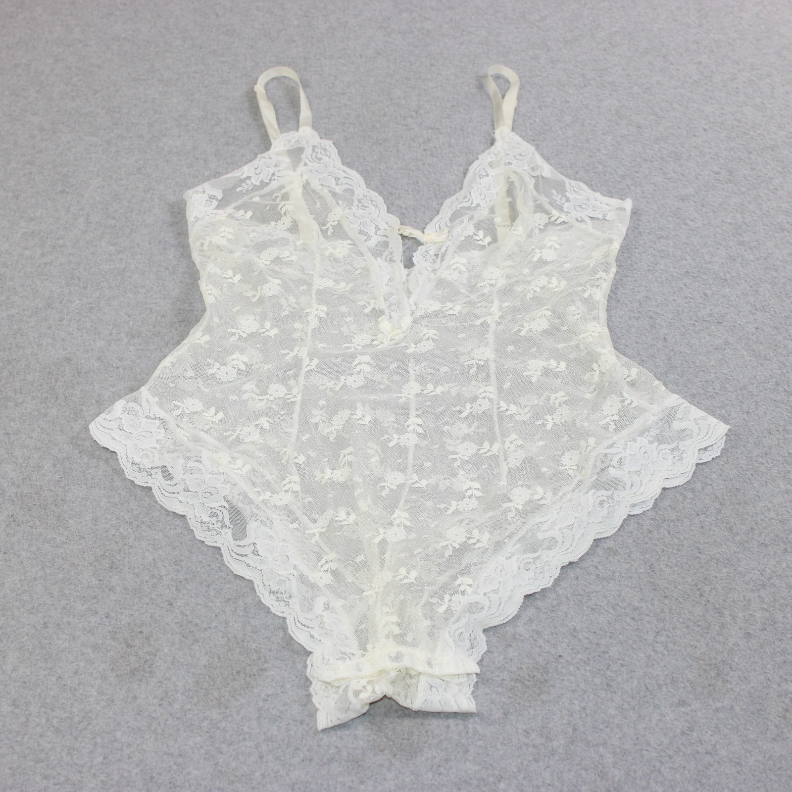 Vintage Floral Lace Teddy Women Small White Sheer Mesh Lingerie One Piece Snaps