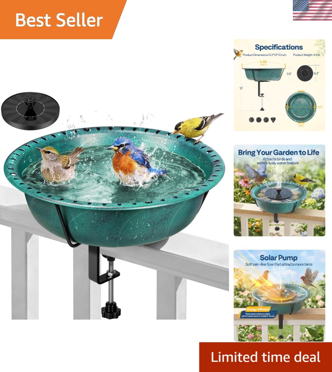 Elegant Solar-Powered Deck Mounted Bird Bath with Fountain - Green, 1.45 Gallons