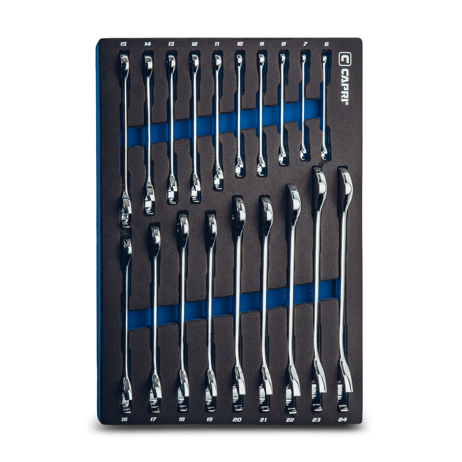 Capri Tools Angle Open End Wrench Set, 30° & 60° angles, 6-24 mm Metric, 19 pc Capri Tools Angle Open End Wrench Set, 30° & 60° angles, 6-24 mm Metric, 19 pc