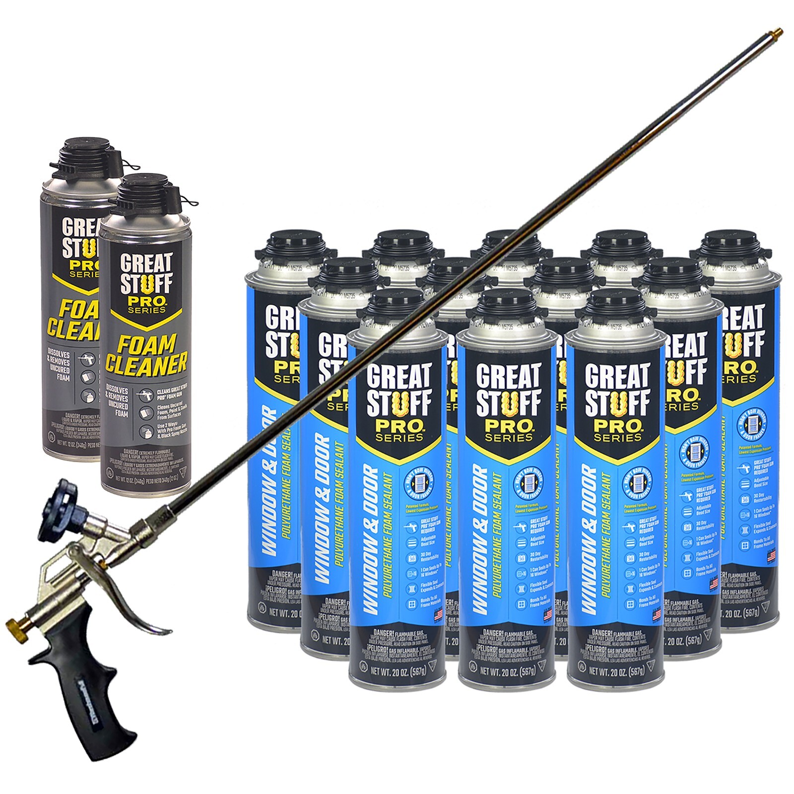 Great Stuff Window & Door Foam 20oz (12), 2ft Applicator Gun, Cleaner (2) Great Stuff Window & Door Foam 20oz (12), 2ft Applicator Gun, Cleaner (2)