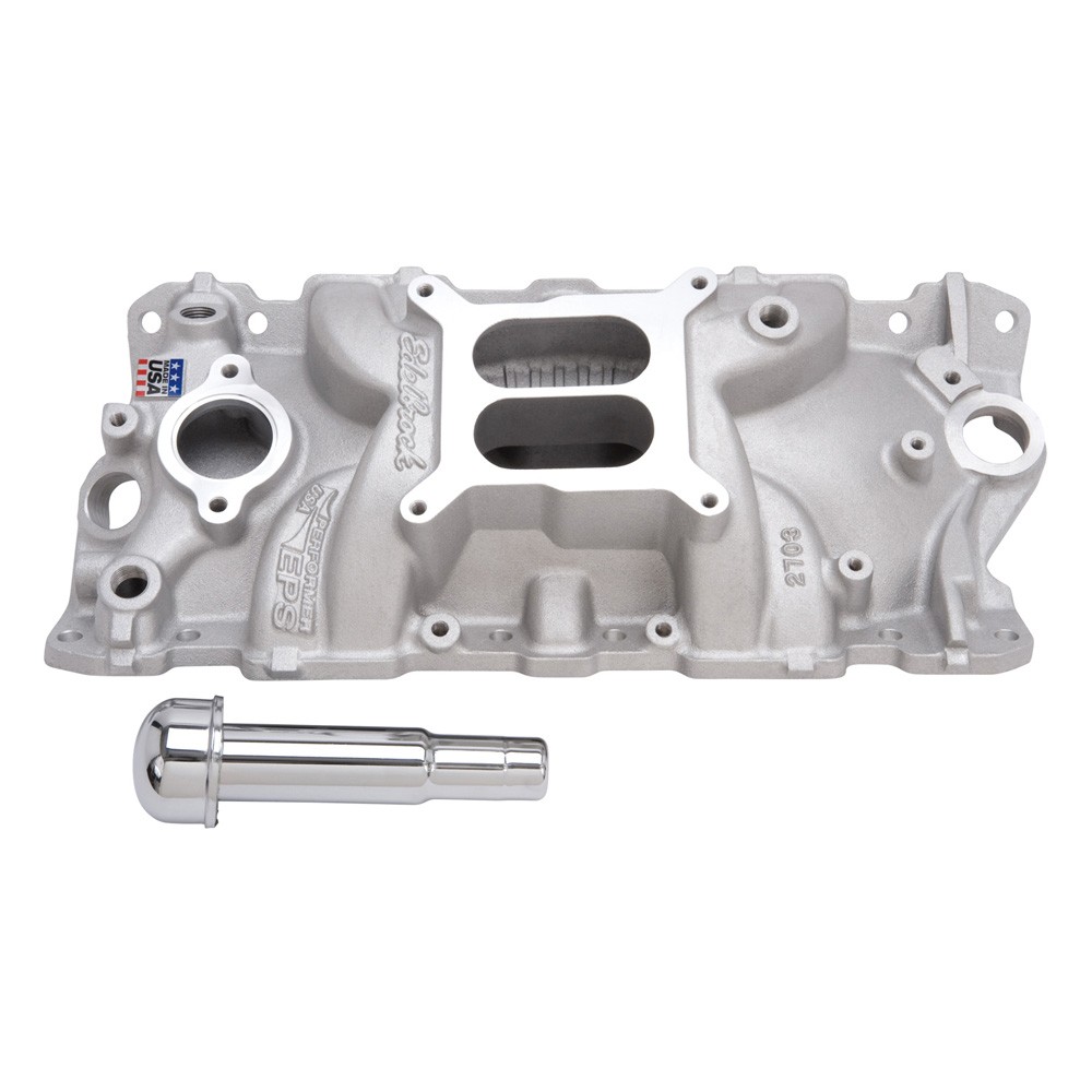 Edelbrock Intake Manifold 2703; Performer EPS Dual Plane w/Oil Fill Tube for SBC