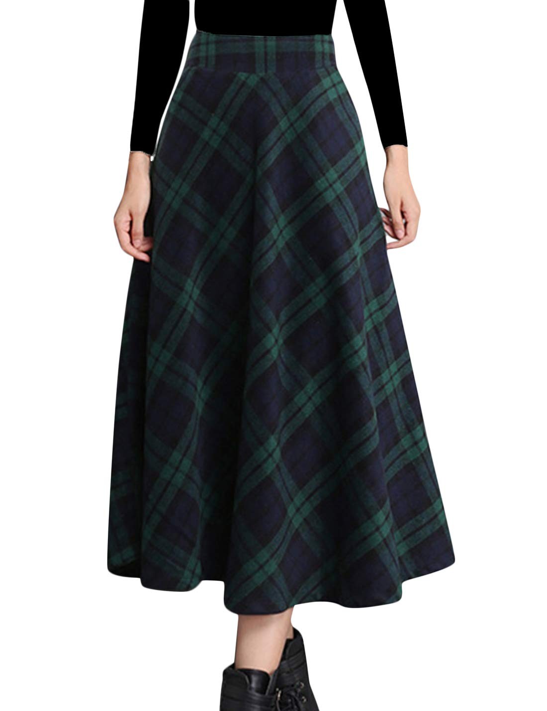Tanming Women\'s Winter Warm Elastic Waist Wool Plaid A-Line Pleated Long L