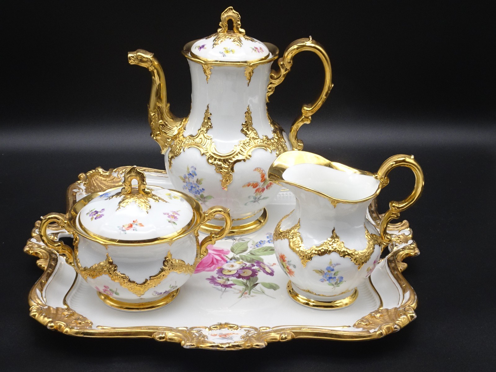 MEISSEN B-FORM TEA / COFFEE SET W/ TRAY STREWN FLOWERS, GOLD GILT, DRAGON SPOUT