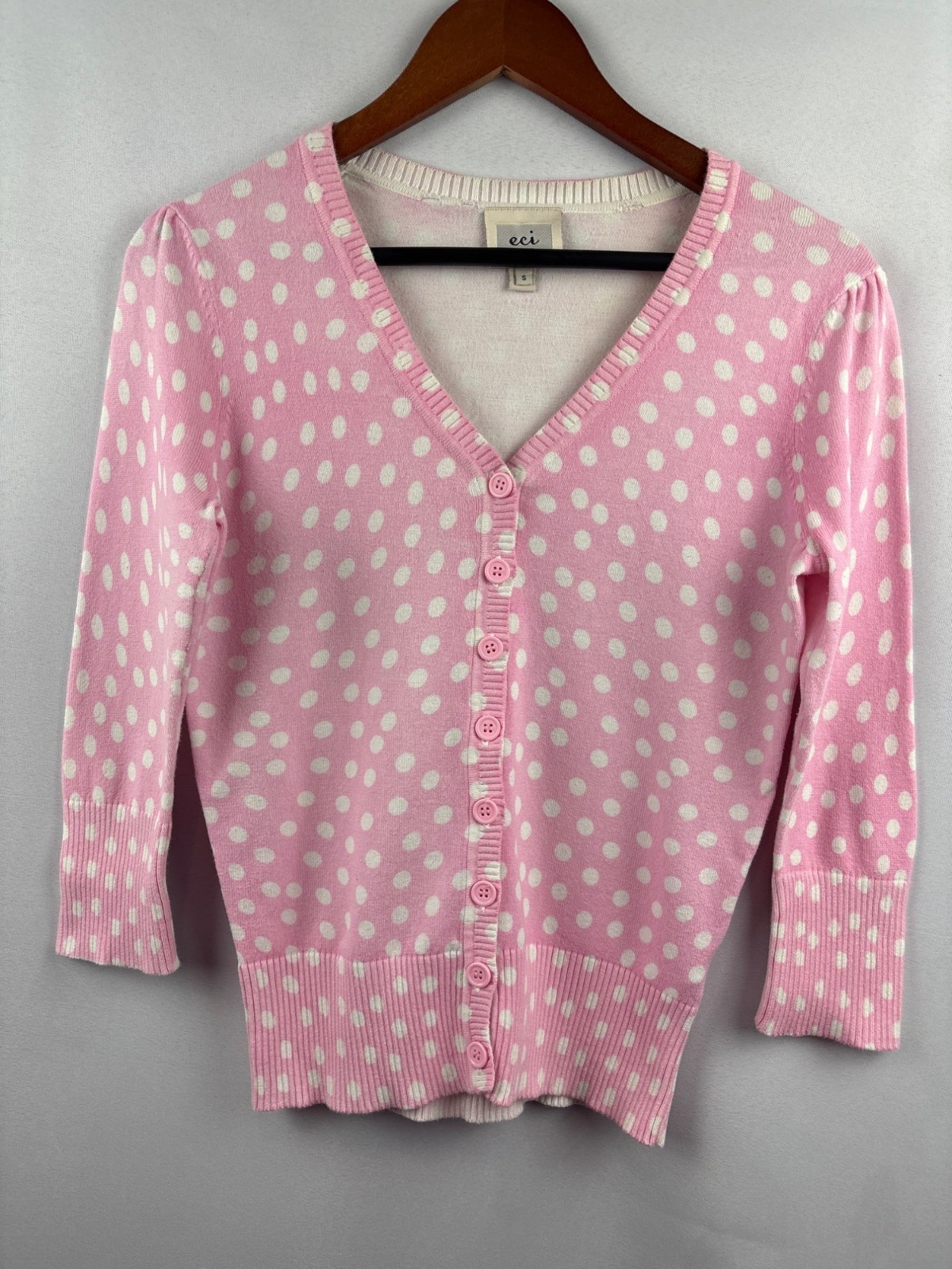 Eci New York Pink & White Polka Dot Cardigan Sweater Womens S 3/4 Sleeves V-Neck Eci New York Pink & White Polka Dot Cardigan Sweater Womens S 3/4 Sleeves V-Neck